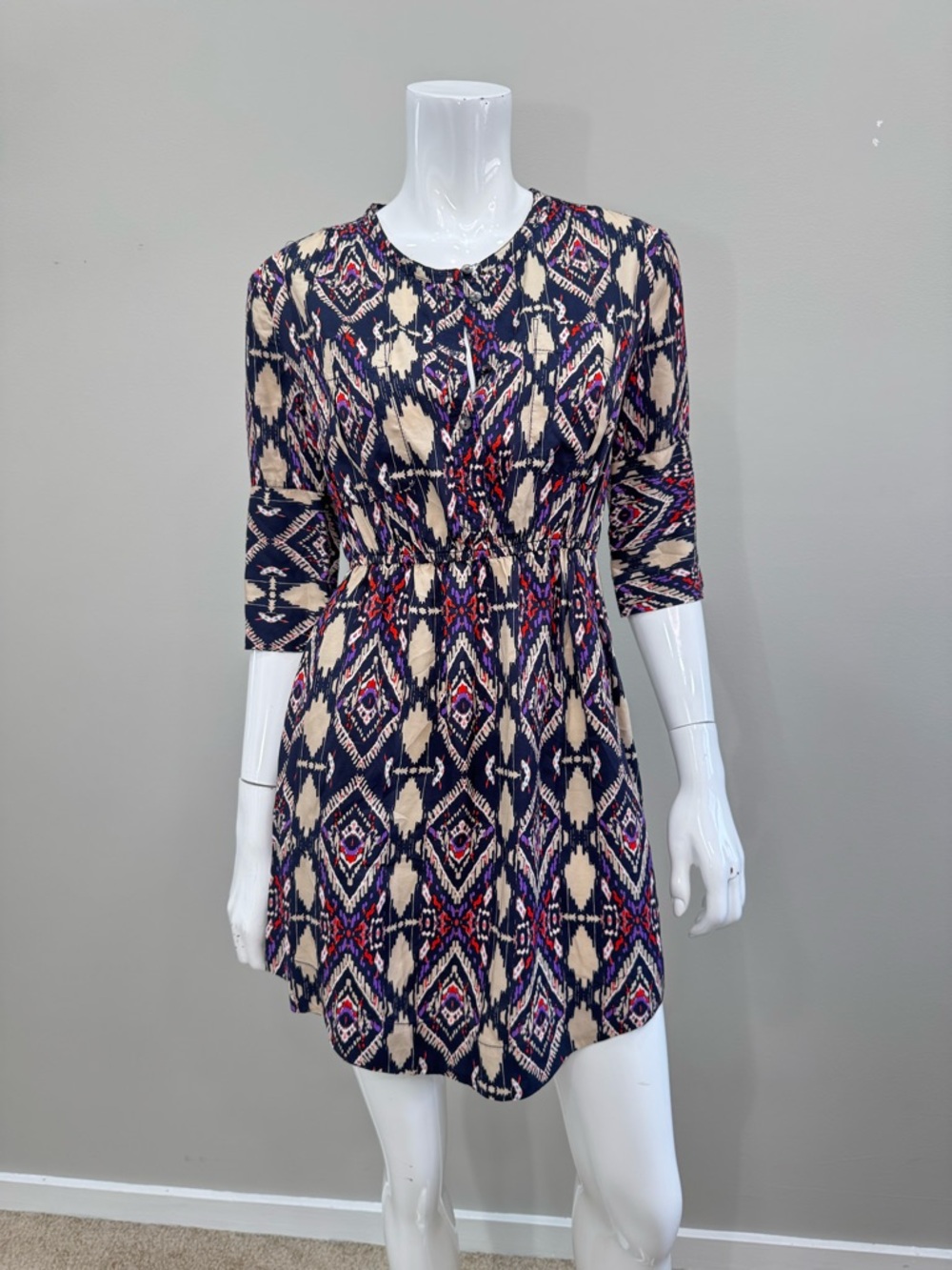 ANTHROPOLOGIE Holding Horses Mira Ikat Dress Navy Cream Print Elastic Waist Mini